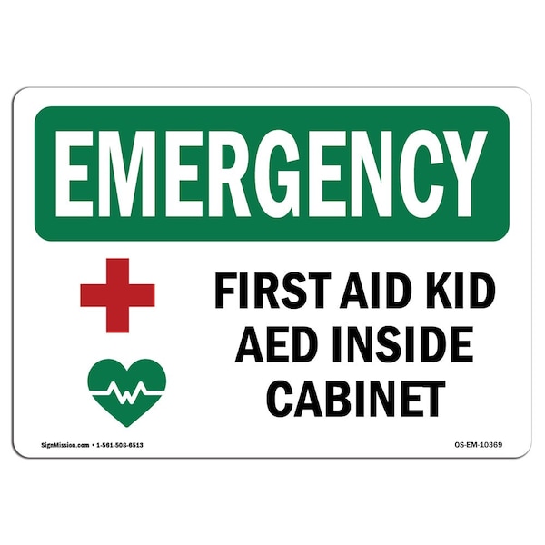 Safety Sign, OSHA EMERGENCY, 18" Height, First Aid Kit AED Inside Cabinet With Symbol, Landscape